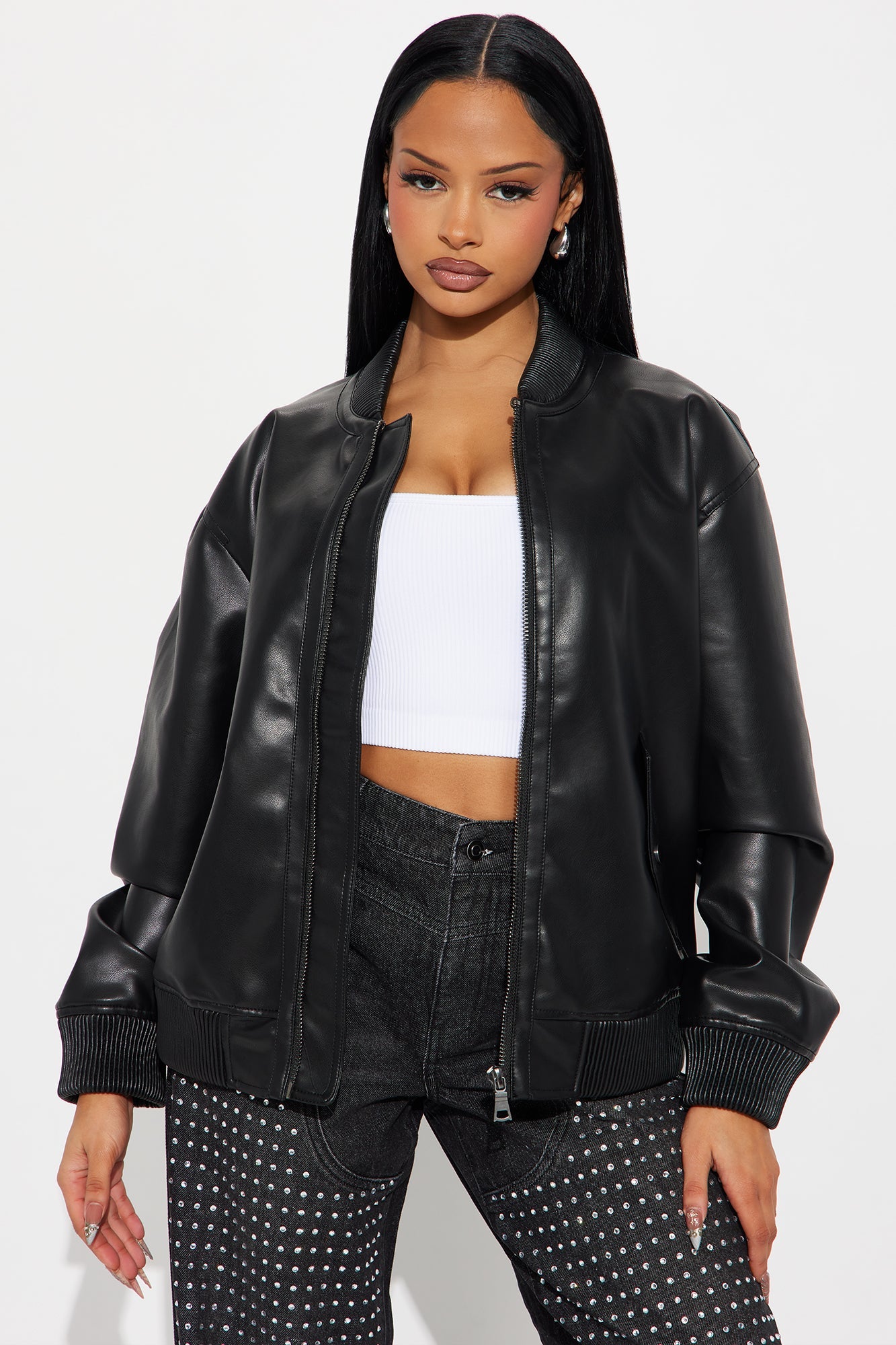 Gabrielle Faux Leather Bomber Jacket - Black