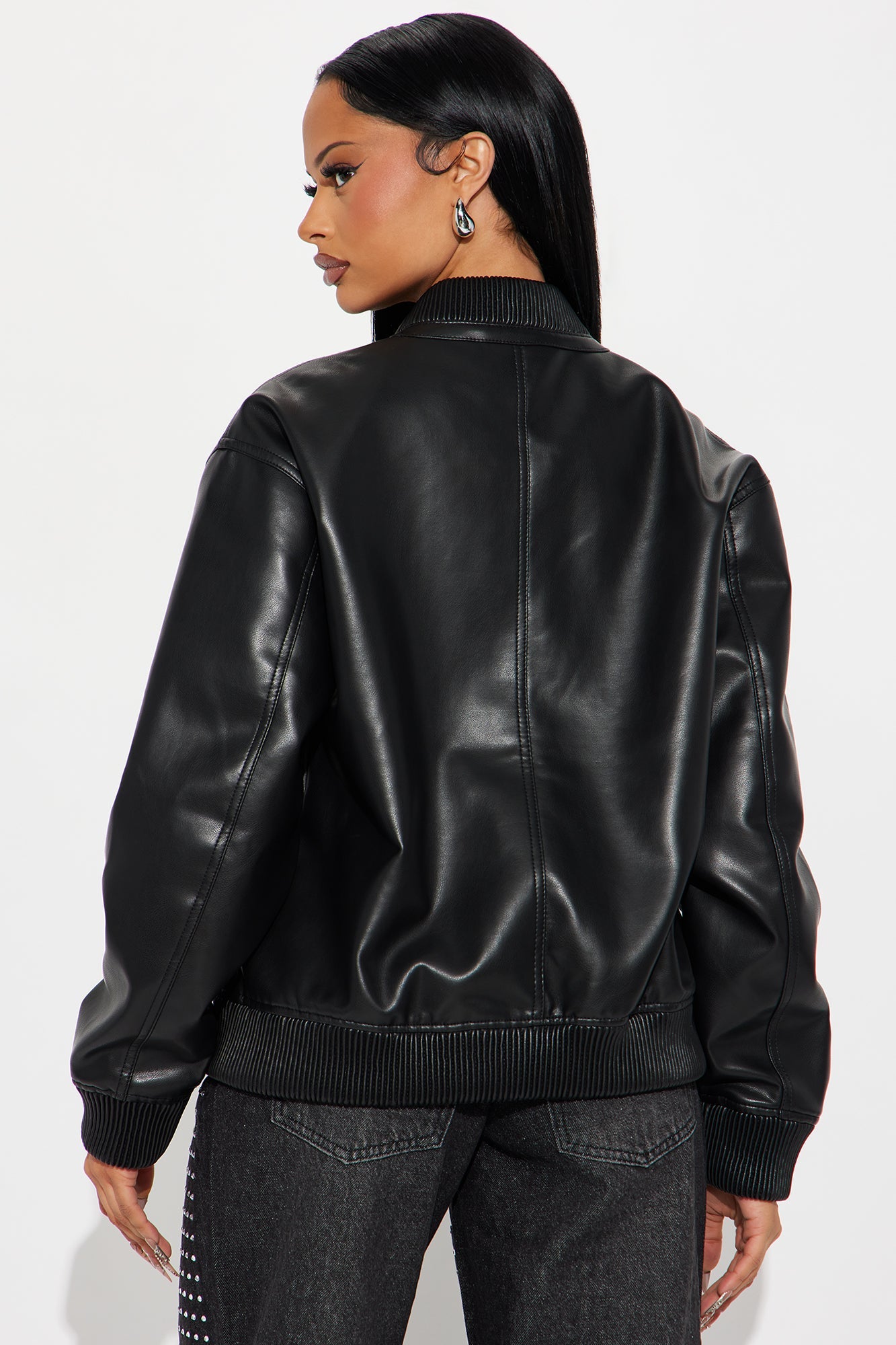 Gabrielle Faux Leather Bomber Jacket - Black