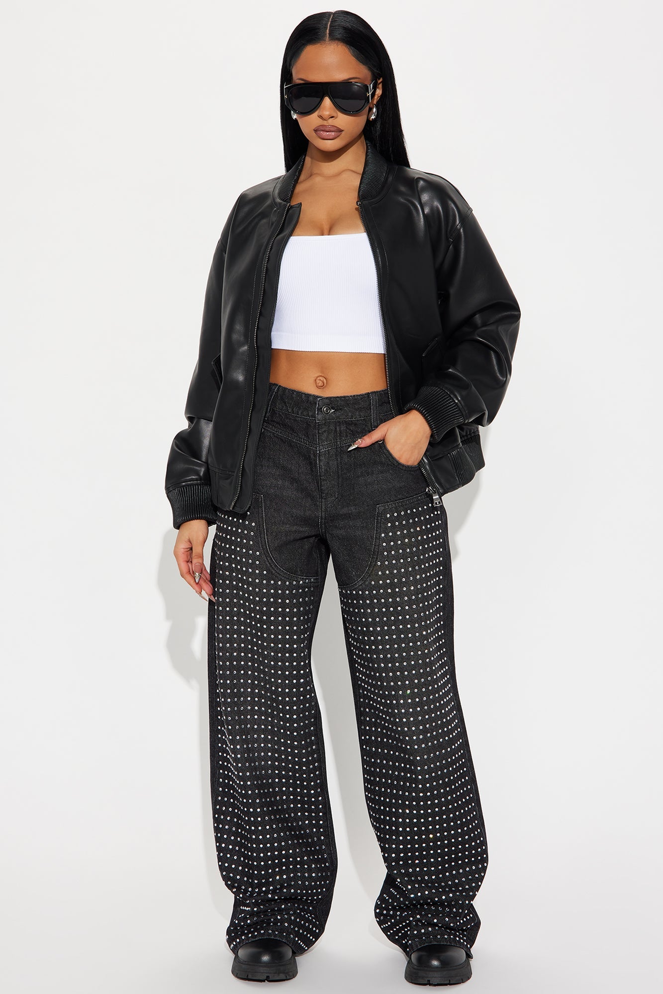 All That Sparkles Embellished Wide Leg Jeans - Black Wash