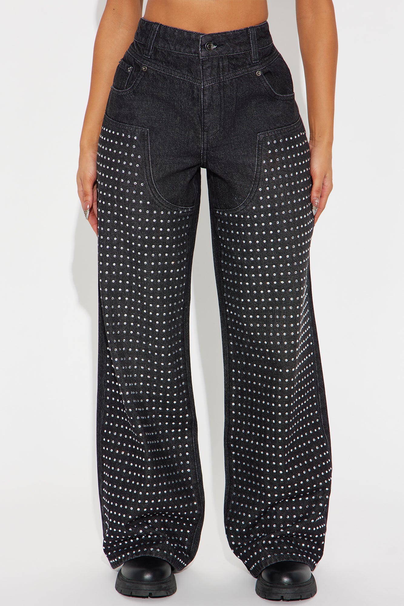 All That Sparkles Embellished Wide Leg Jeans - Black Wash