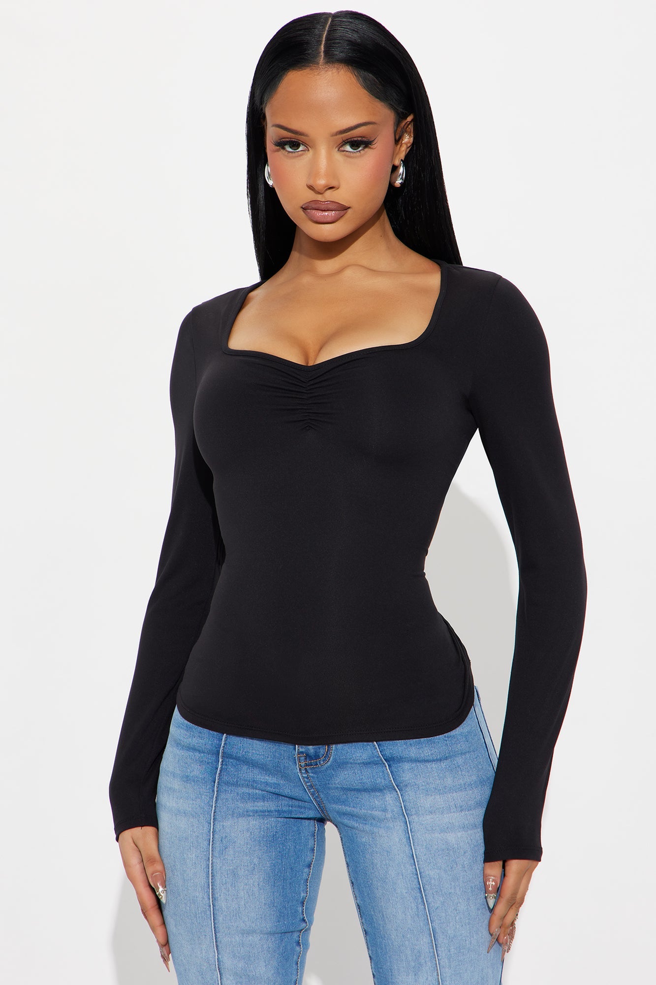 So Sweet Ruched Long Sleeve Basic Top - Black
