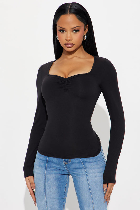 So Sweet Ruched Long Sleeve Basic Top - Black