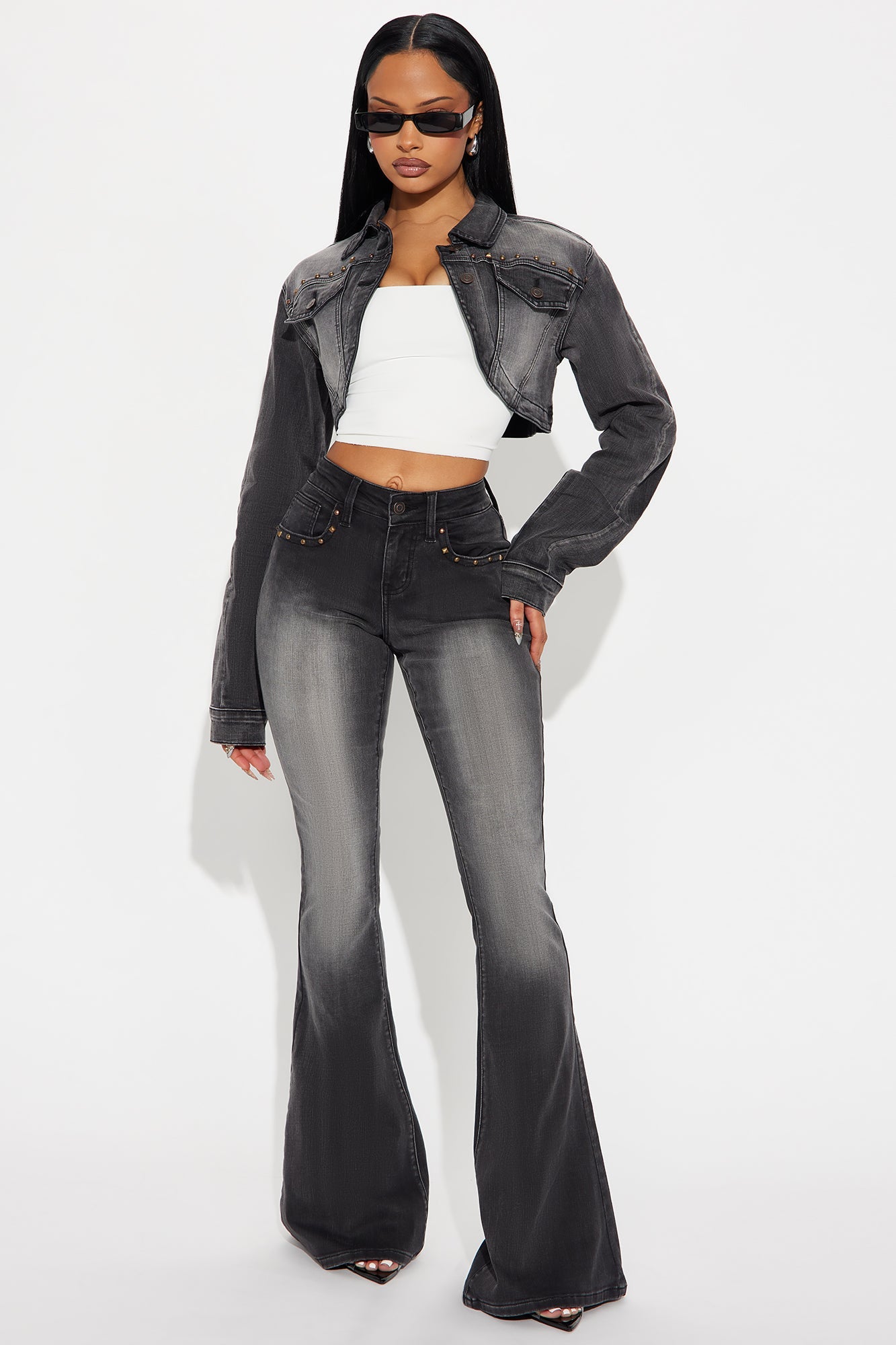 Isabella Embellished Low Rise Flare Jeans - Grey/Smoke