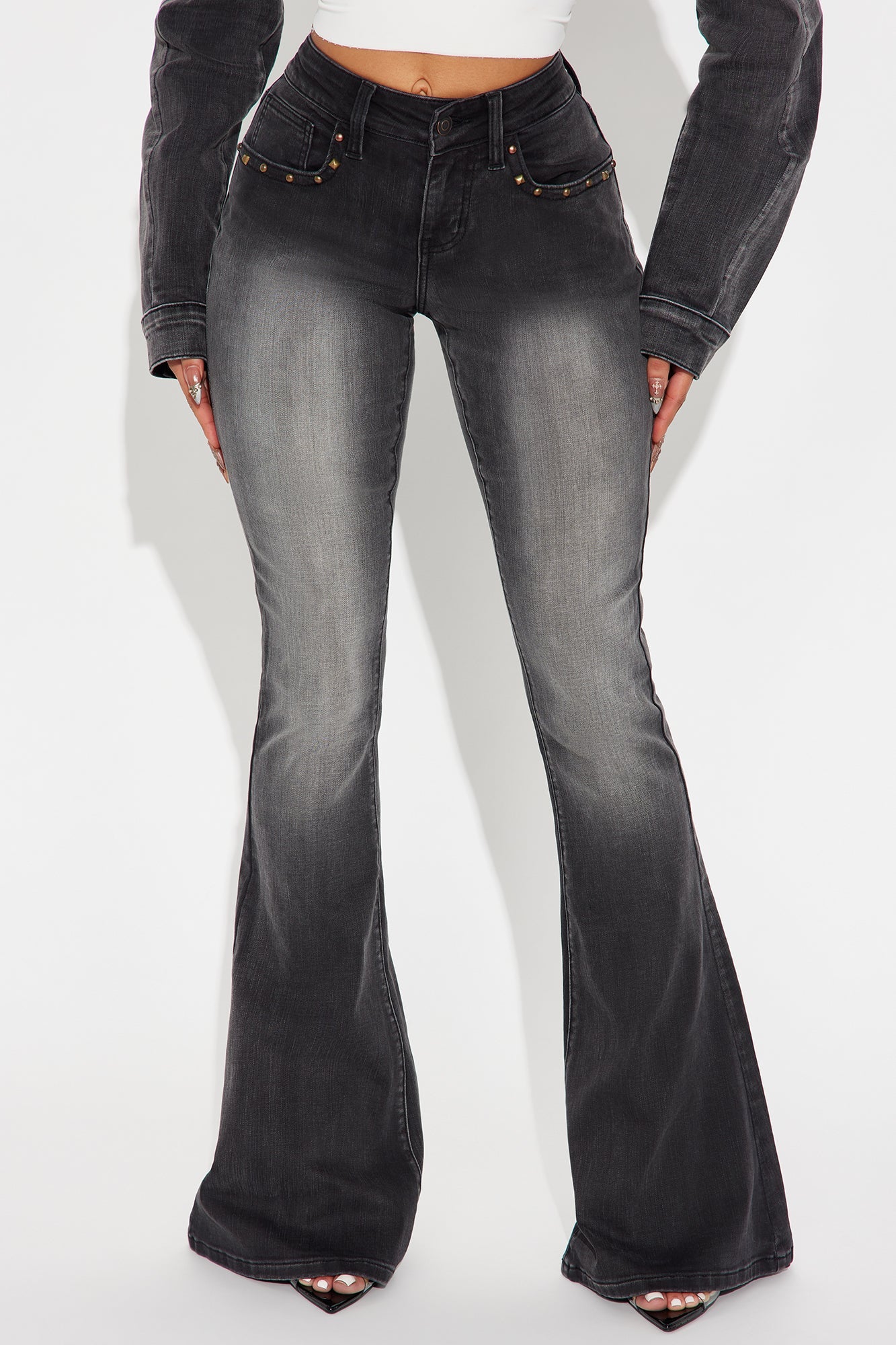 Isabella Embellished Low Rise Flare Jeans - Grey/Smoke