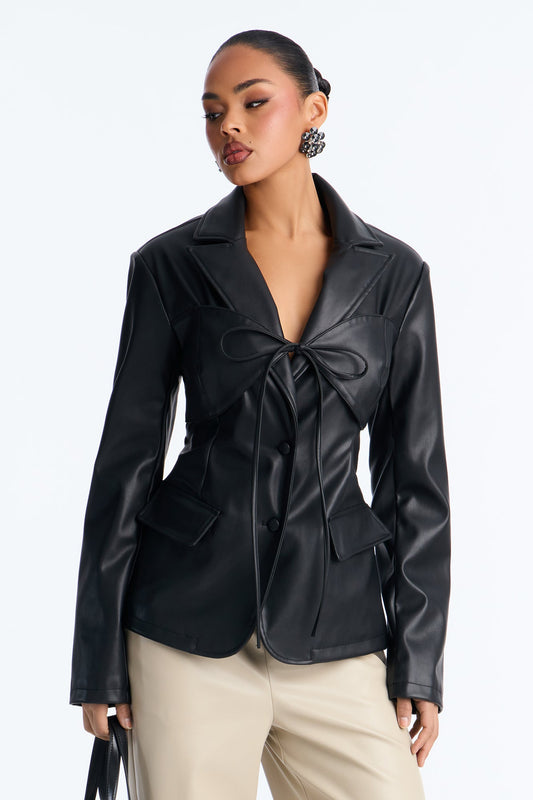 Mixed Emotions Tie Front Faux Leather Blazer - Black