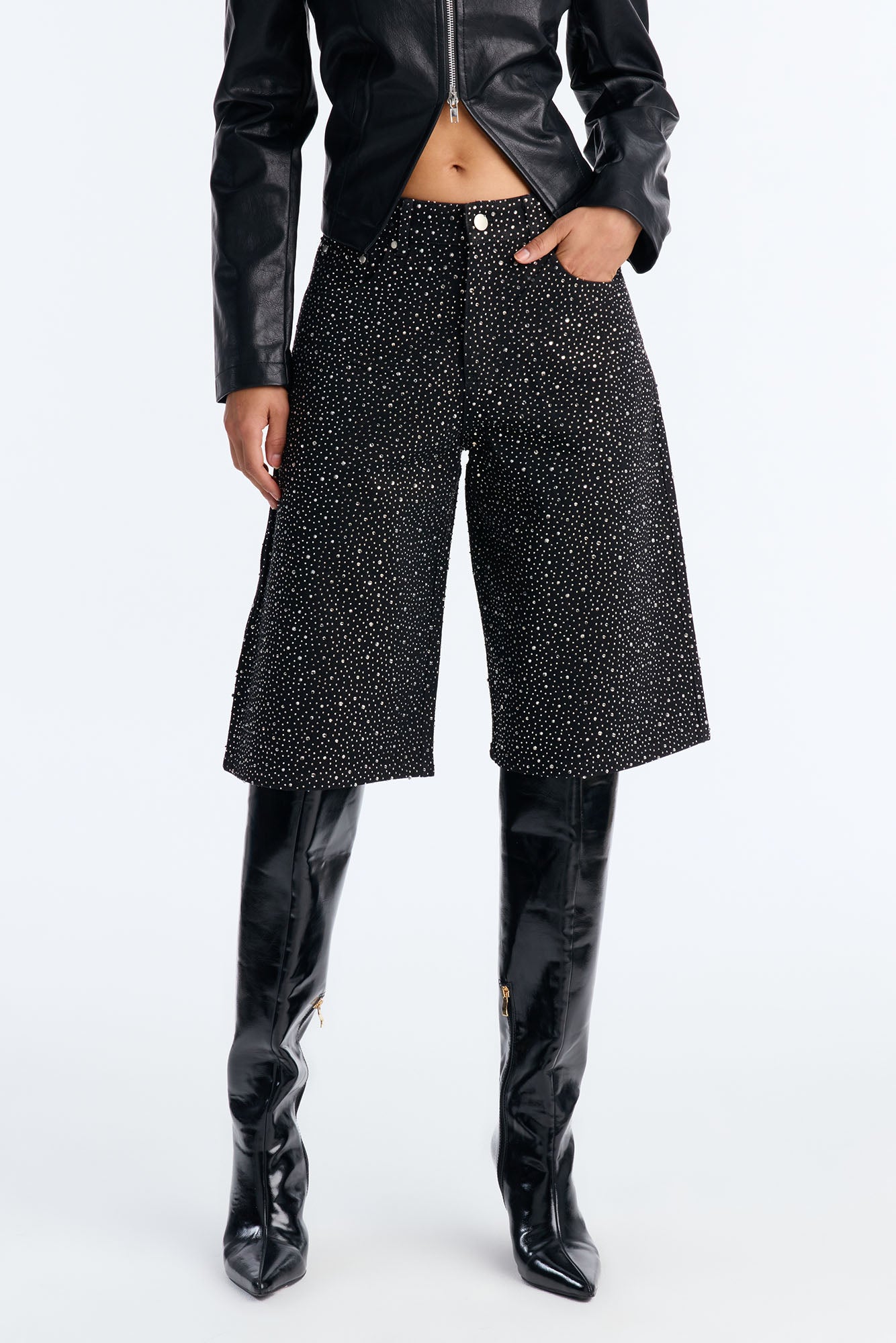 Money Sparkles Denim Jorts - Black