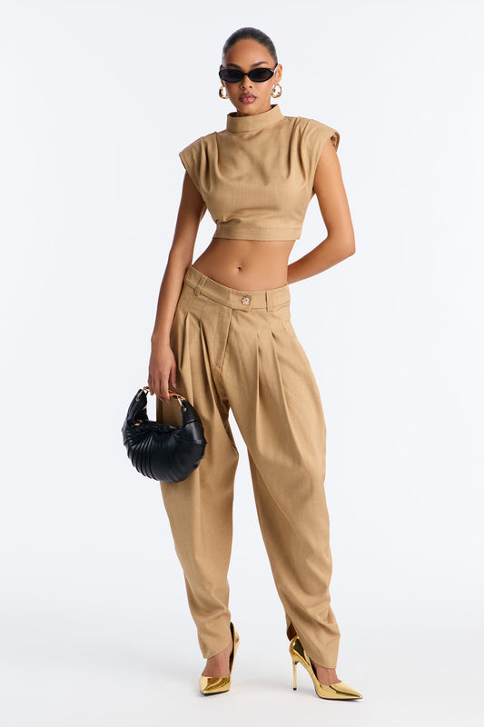 Amelia Pleated Barrel Leg Pant Set - Taupe