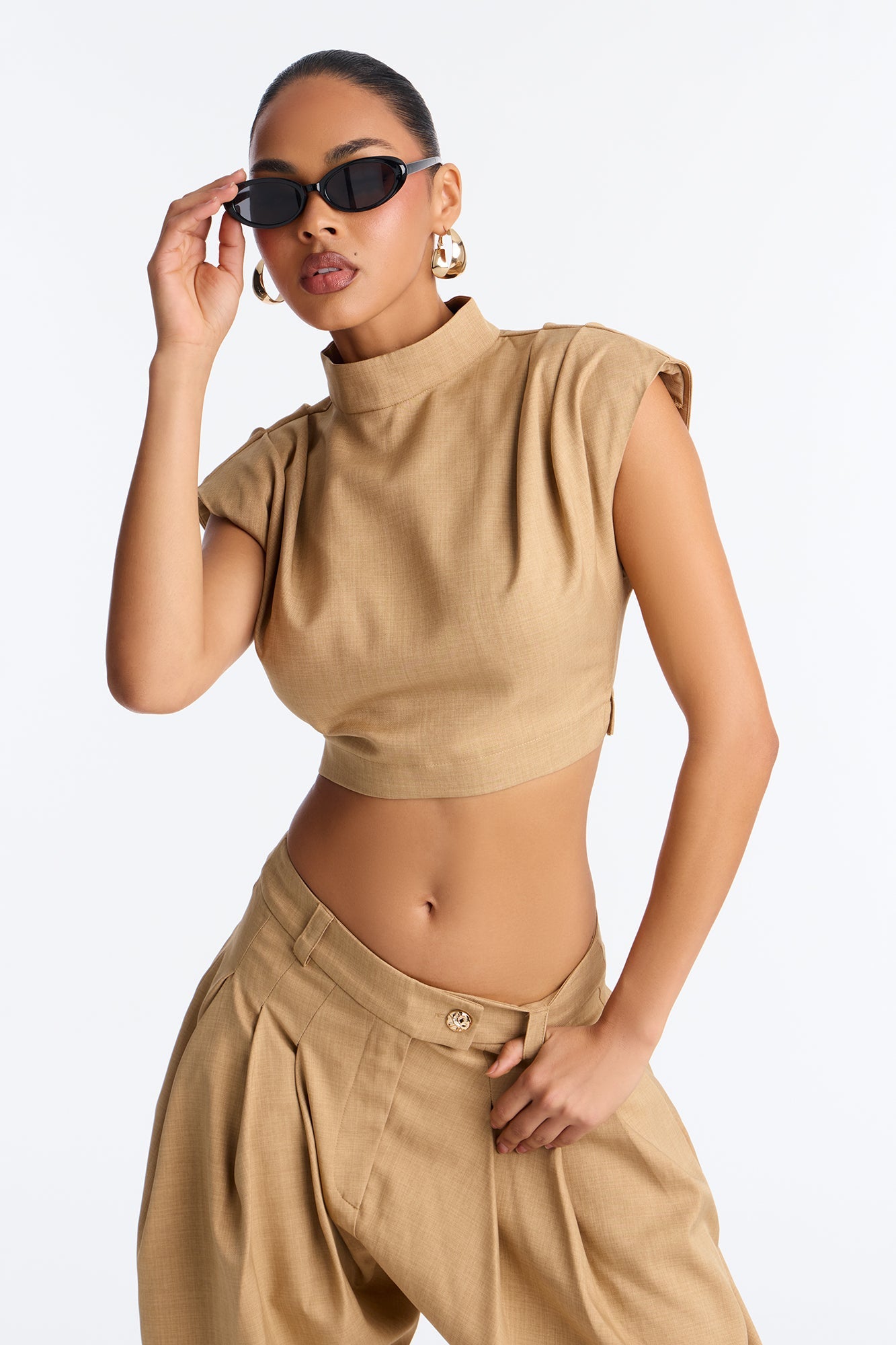 Amelia Pleated Barrel Leg Pant Set - Taupe