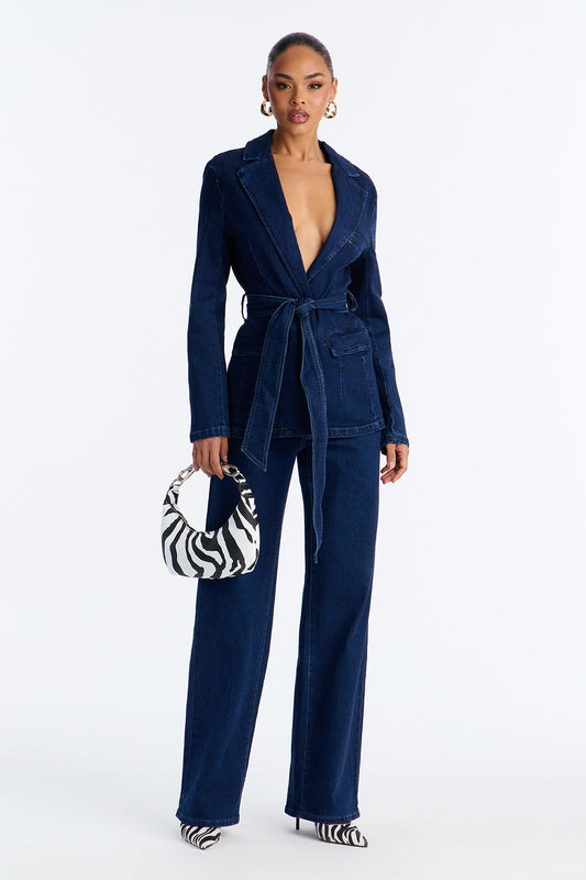 Tall Desiree Washed Denim Blazer Pant Set - Dark Wash