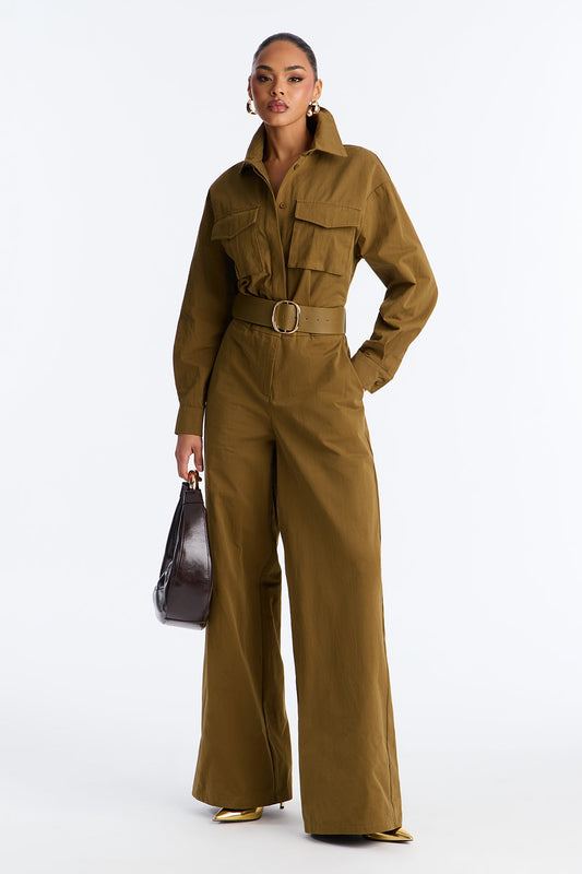 Antionette Belted Wide Leg Jumpsuit - Olive