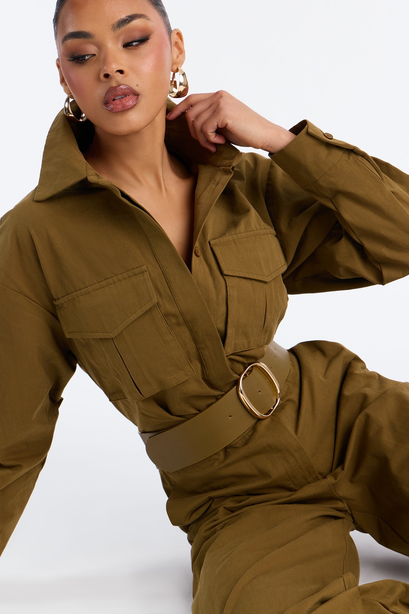 Antionette Belted Wide Leg Jumpsuit - Olive