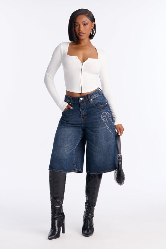 Fanciful Embellished Bow Denim Jorts - Dark Wash