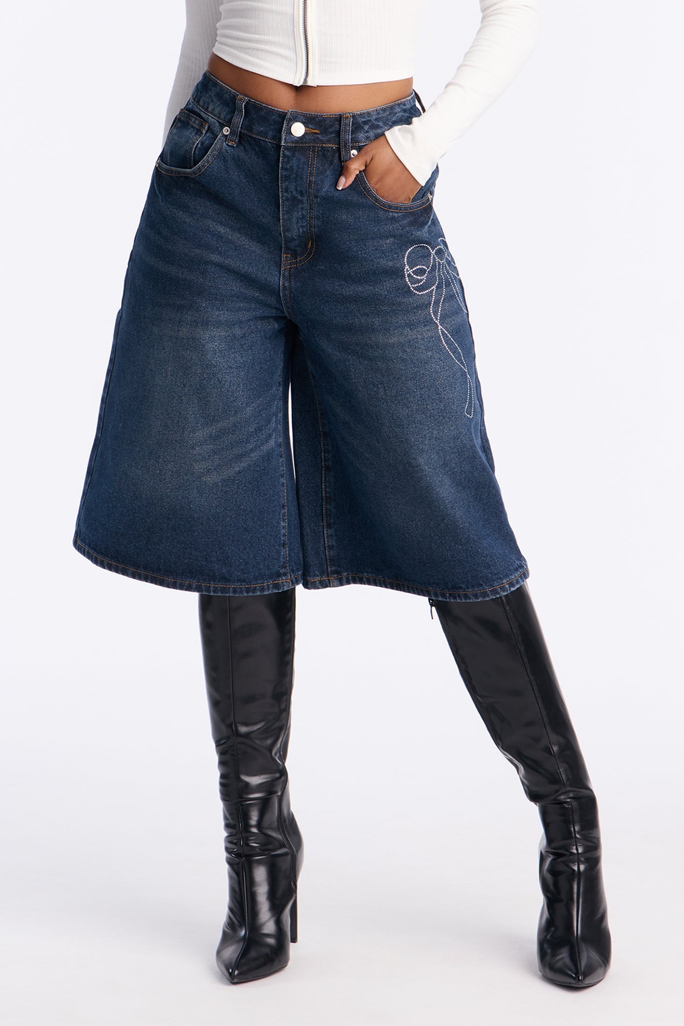 Fanciful Embellished Bow Denim Jorts - Dark Wash