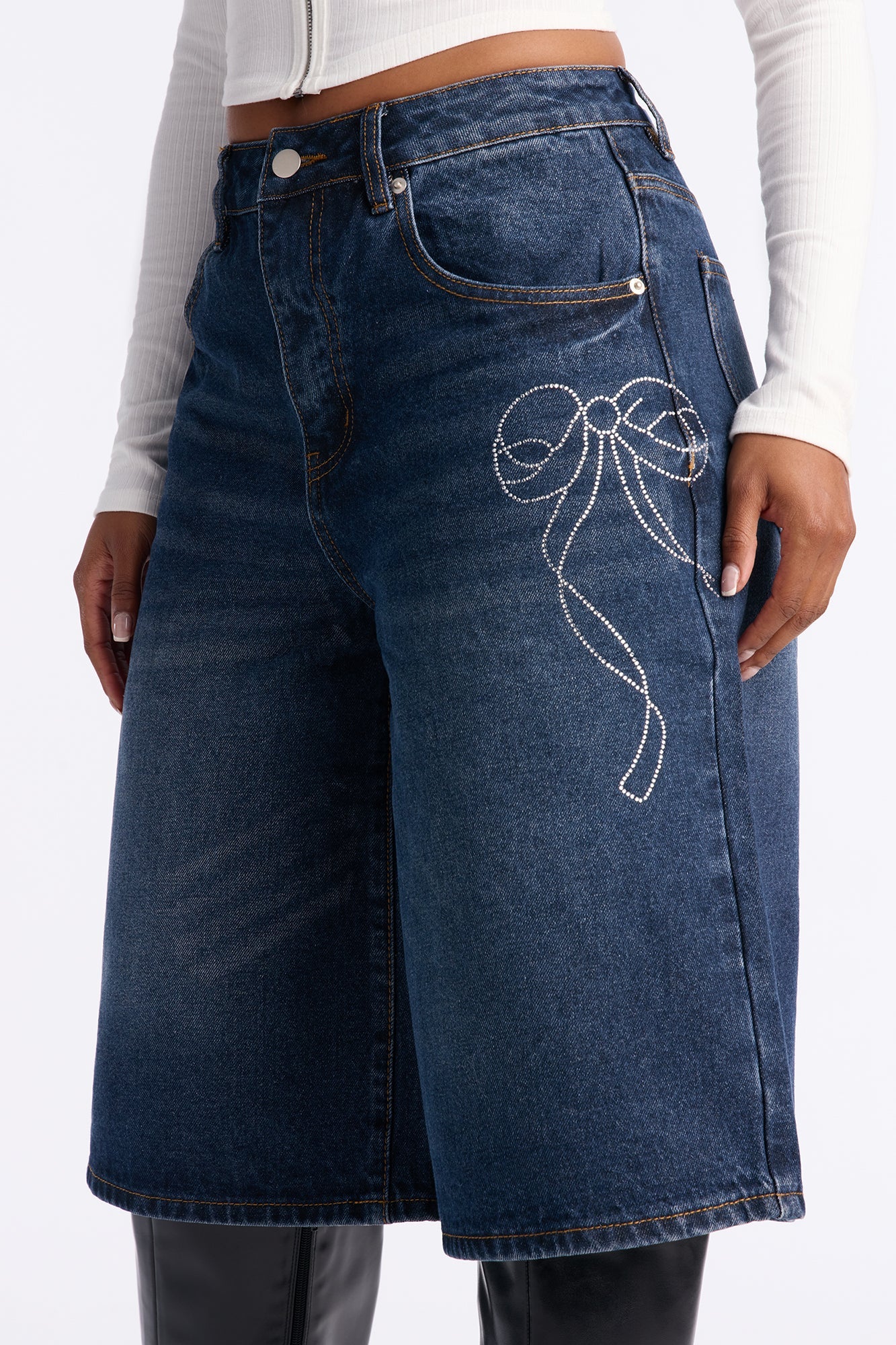 Fanciful Embellished Bow Denim Jorts - Dark Wash
