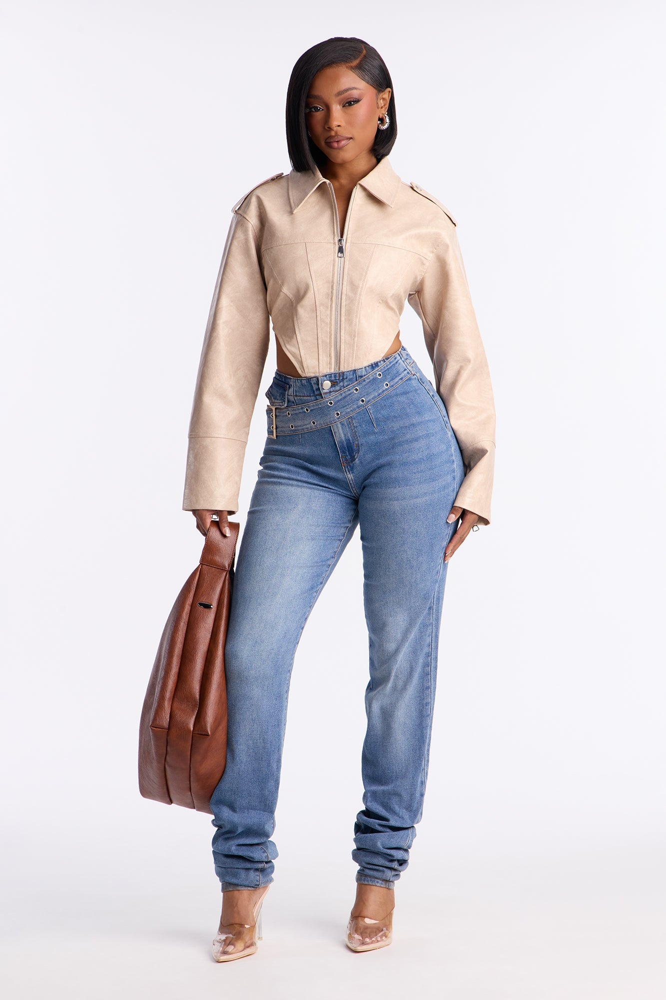 At The Scene Belted Stacked Skinny Jeans - Medium Wash