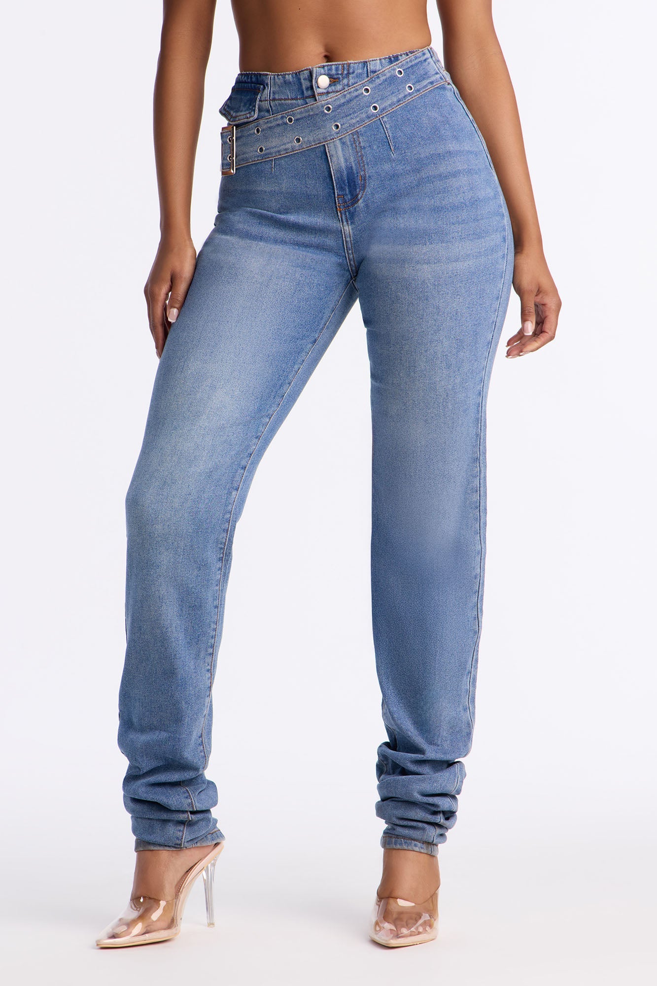 At The Scene Belted Stacked Skinny Jeans - Medium Wash