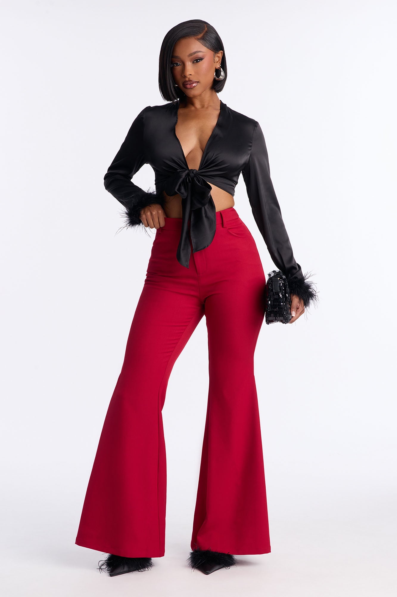Janet Crepe Flare Trousers 33″ - Red