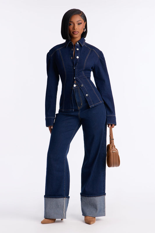 Bold Moves Denim Wide Leg Pant Set - Dark Wash