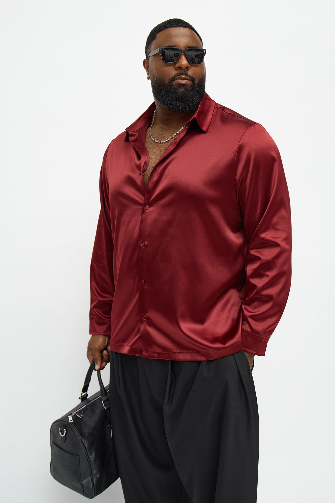 Links Satin Long Sleeve Button Up Shirt - Burgundy