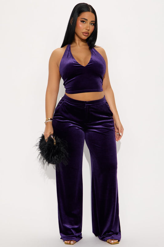 Ava Velvet Halter Pant Set - Eggplant