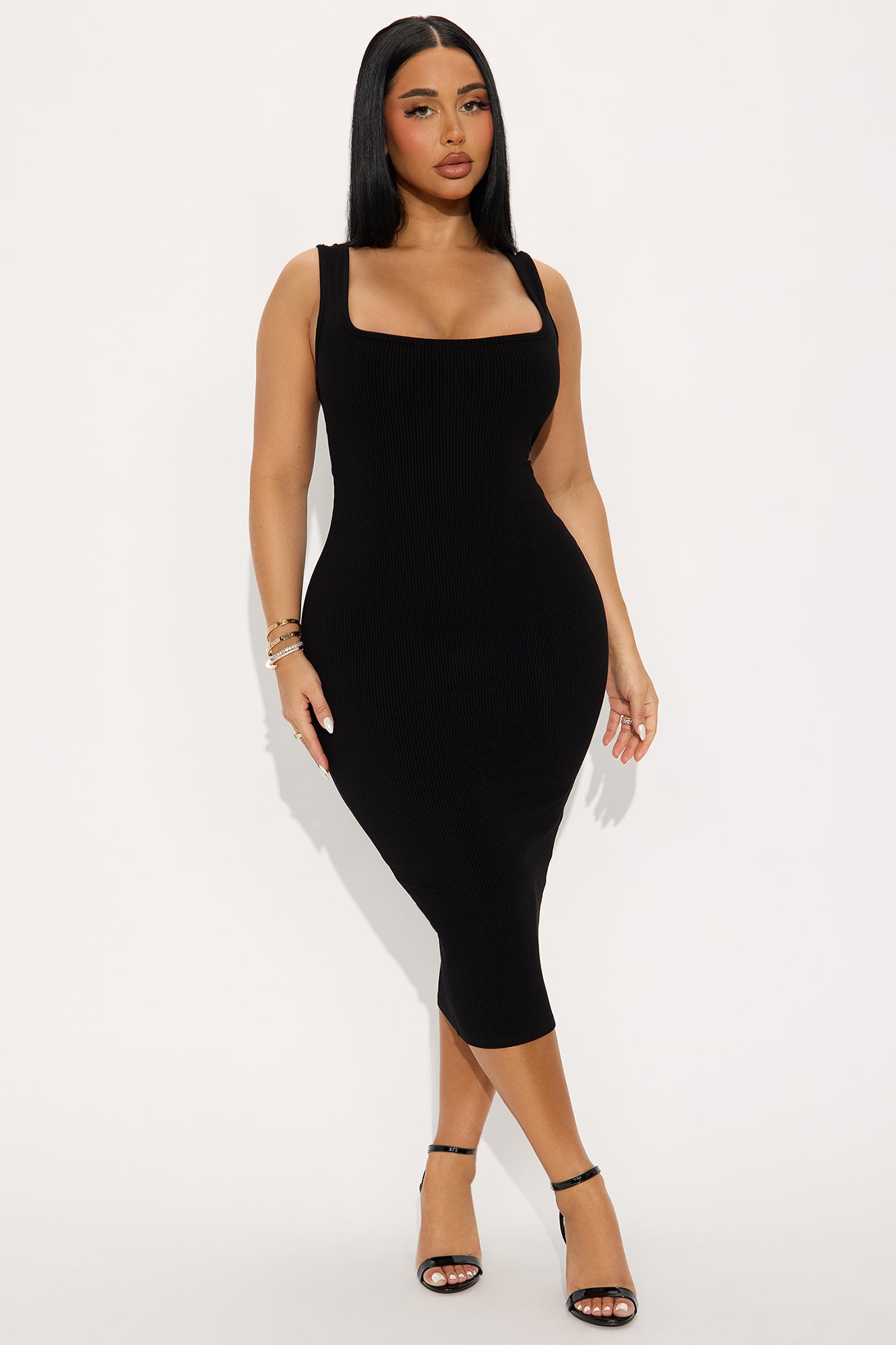 Sara Square Neck Snatched Midi Dress - Black