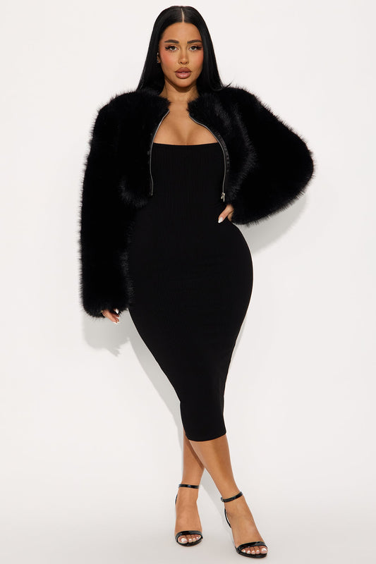 Sara Square Neck Snatched Midi Dress - Black