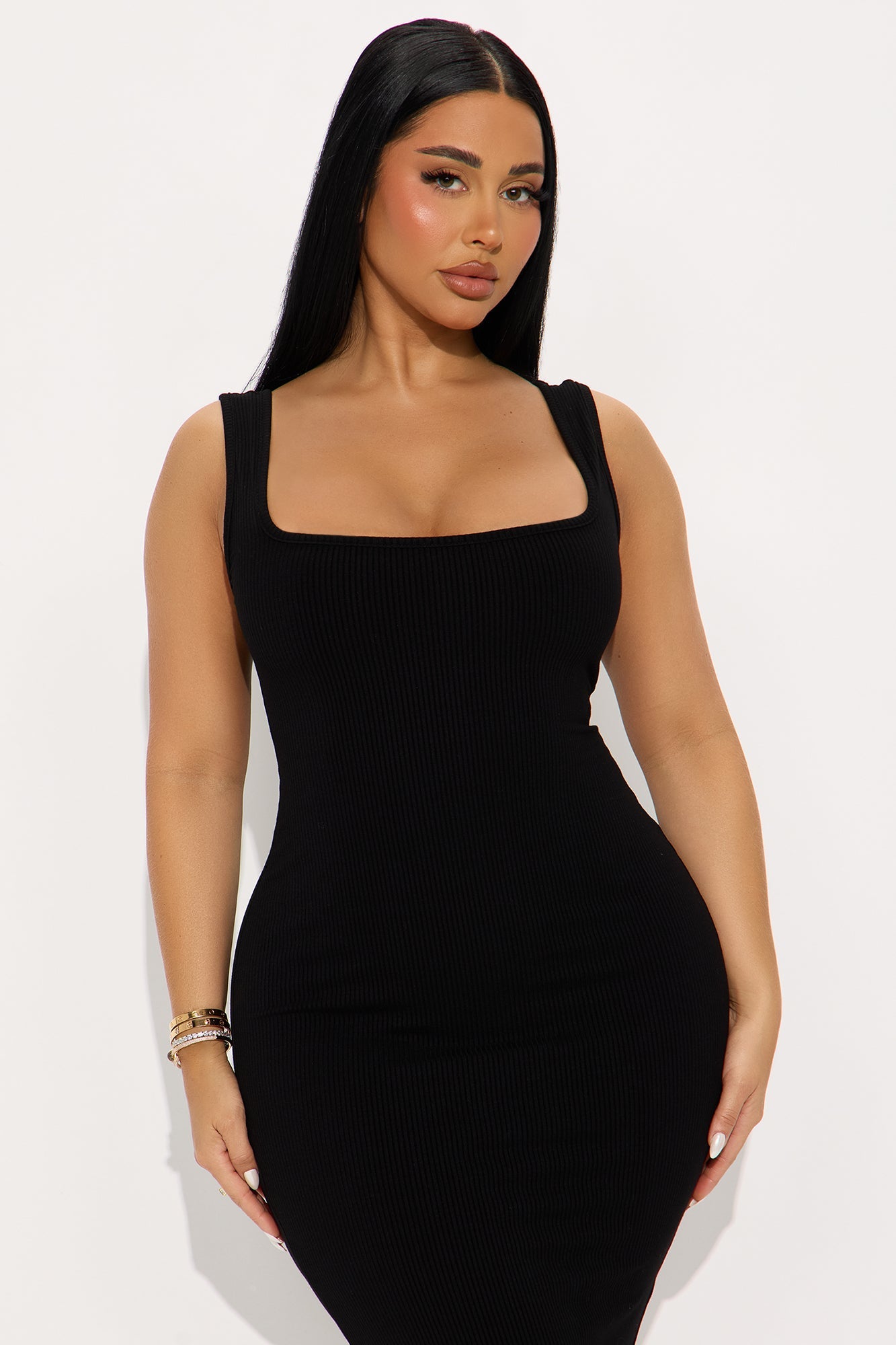 Sara Square Neck Snatched Midi Dress - Black