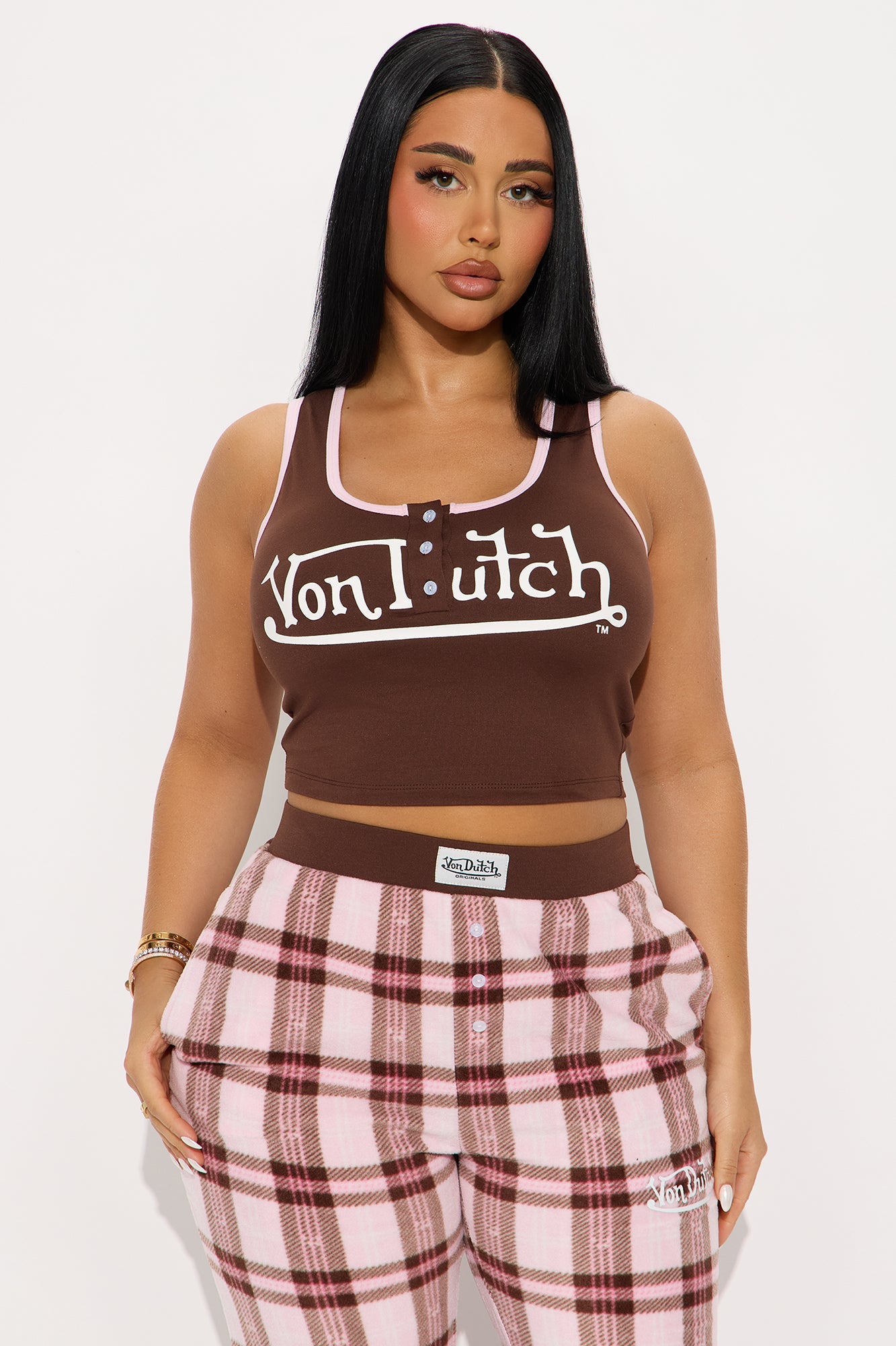 Von Dutch Tank PJ Fleece Boxer Pant Set - Chocolate/Combo