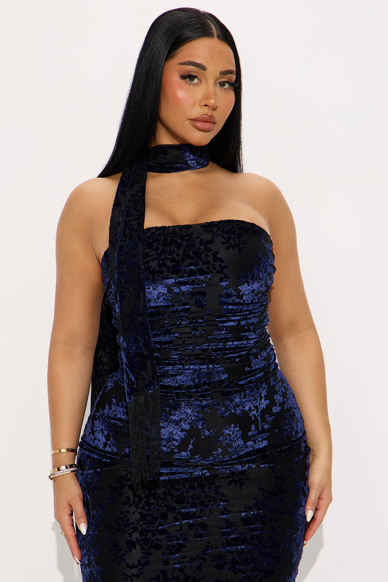 Vera 3 Piece Velvet Burnout Mesh Skirt Set - Navy