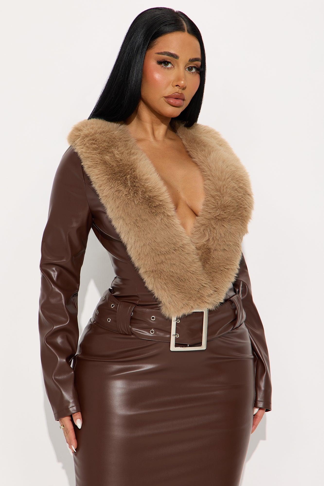 No Apologies Fur Trim Faux Leather Midi Dress - Dark Brown