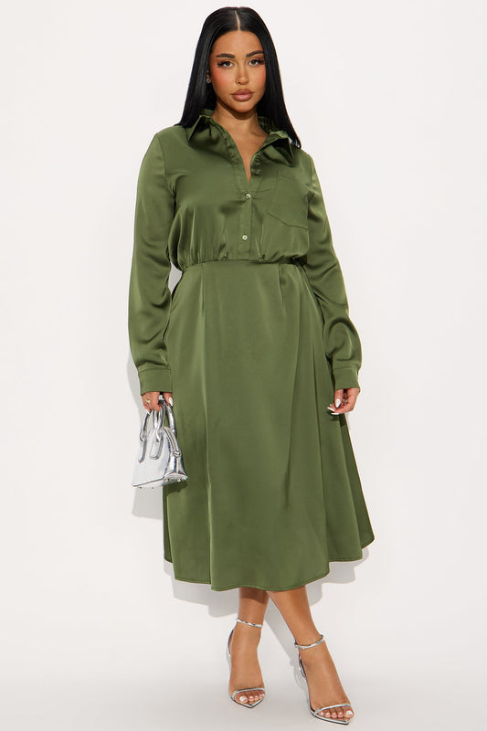 Lori Long Sleeve Satin Midi Dress - Olive