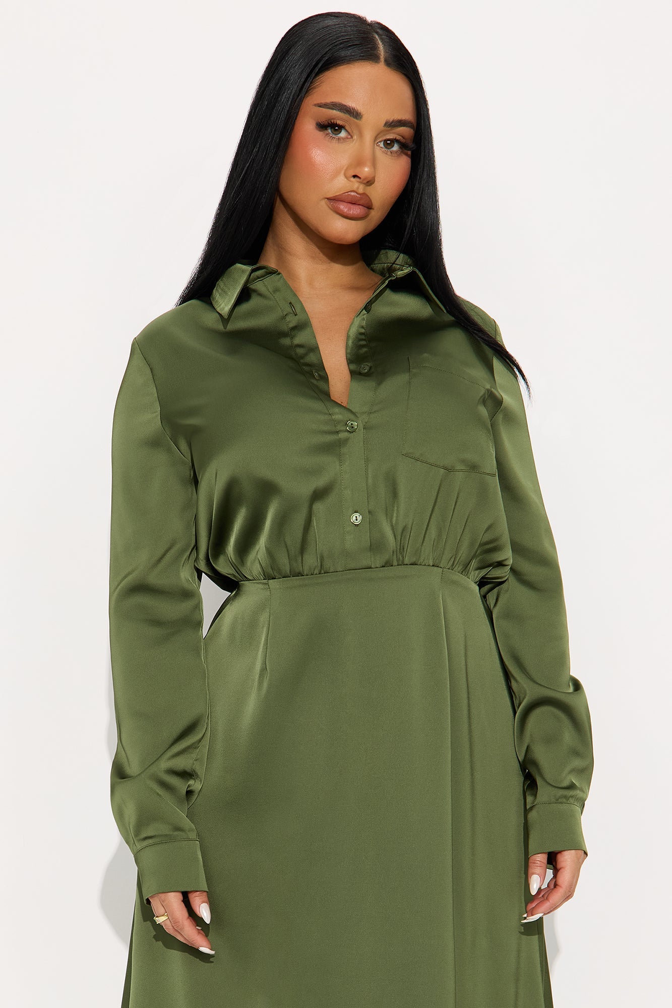 Lori Long Sleeve Satin Midi Dress - Olive