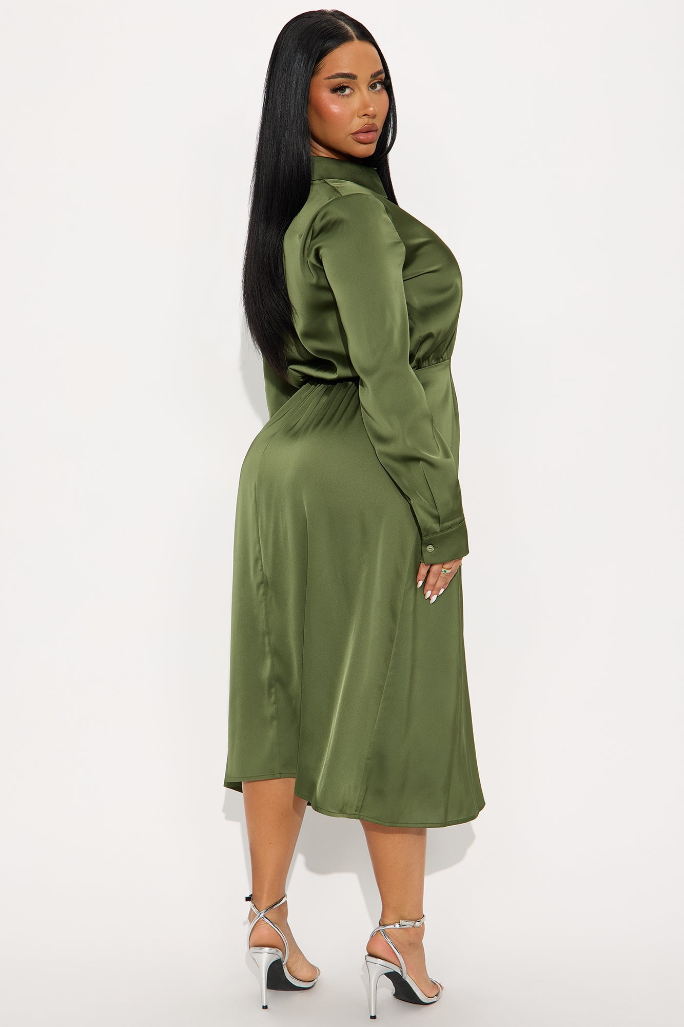 Lori Long Sleeve Satin Midi Dress - Olive