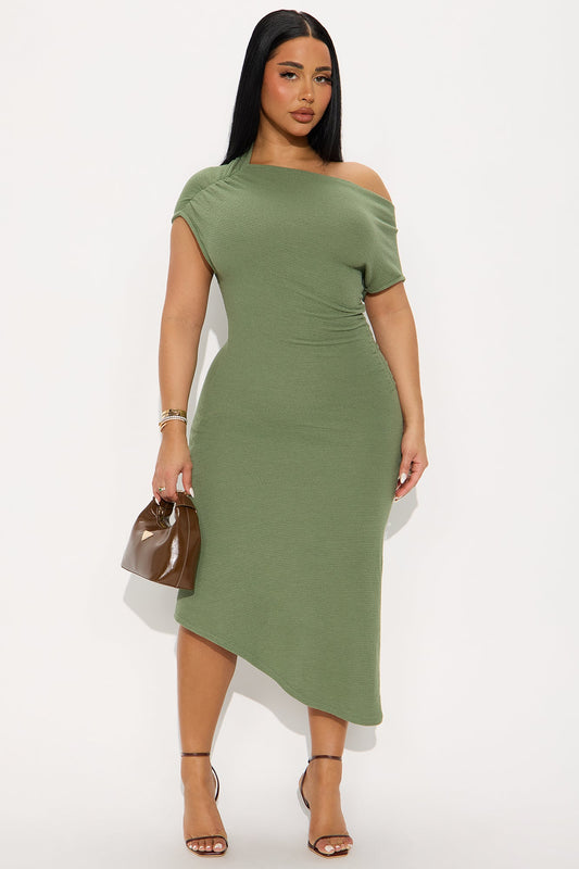 Milena Asymmetrical Textured Midi Dress - Olive