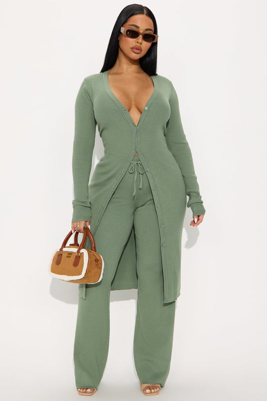 Soft Girl Cardigan Pant Set - Sage