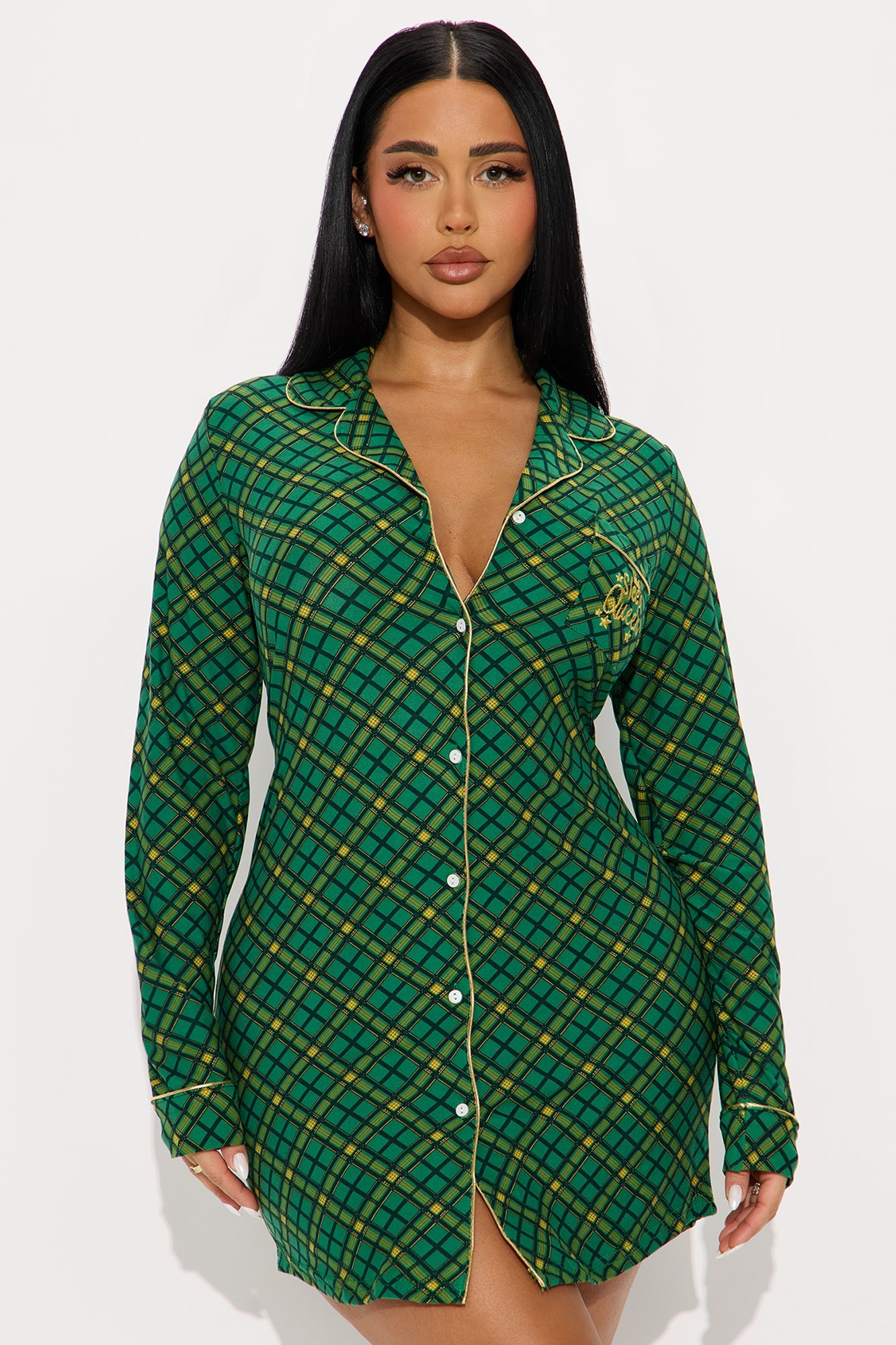 Sleep Queen Embroidered Glitter Long Sleeve PJ Sleep Shirt - Green