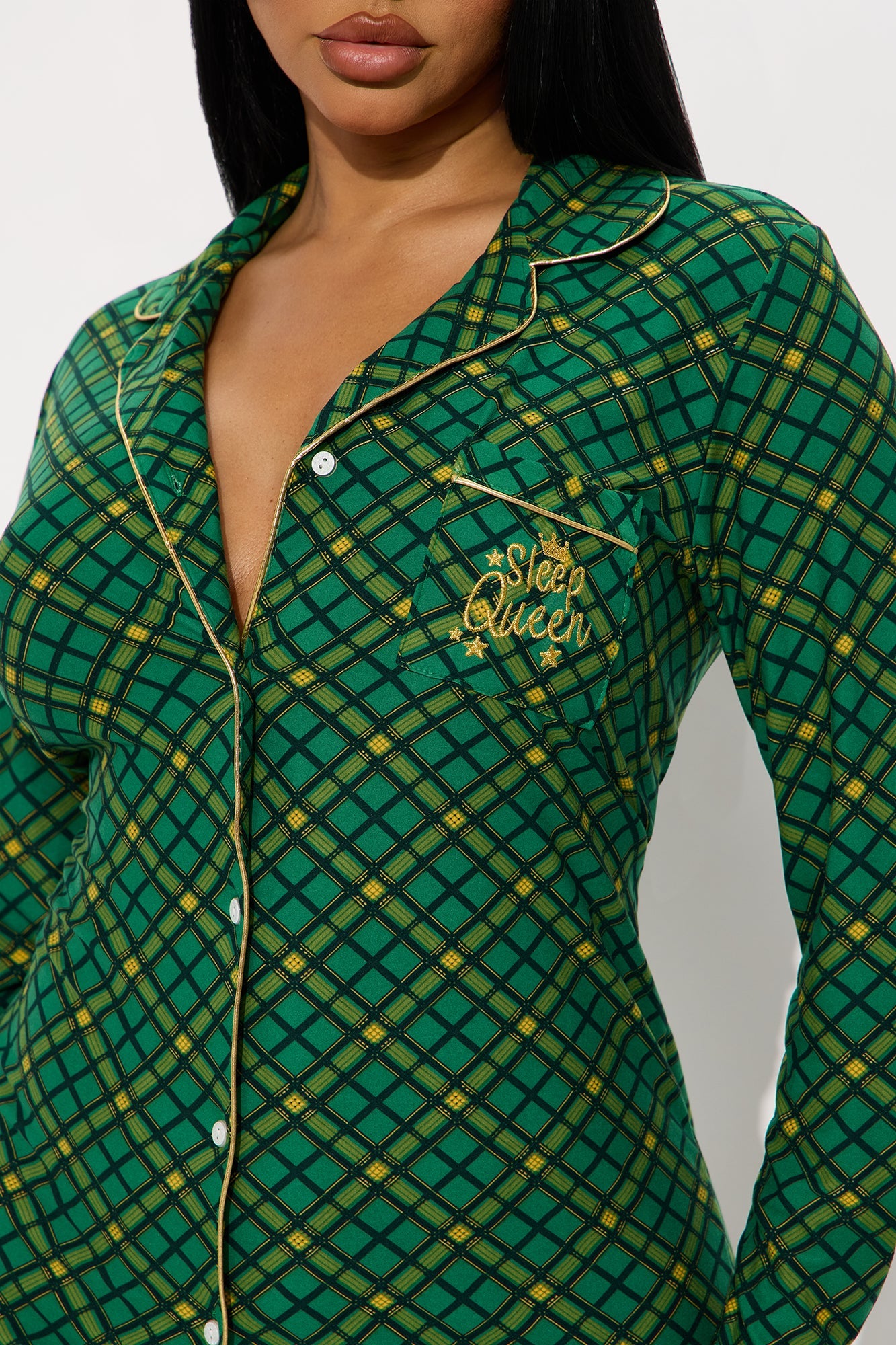 Sleep Queen Embroidered Glitter Long Sleeve PJ Sleep Shirt - Green