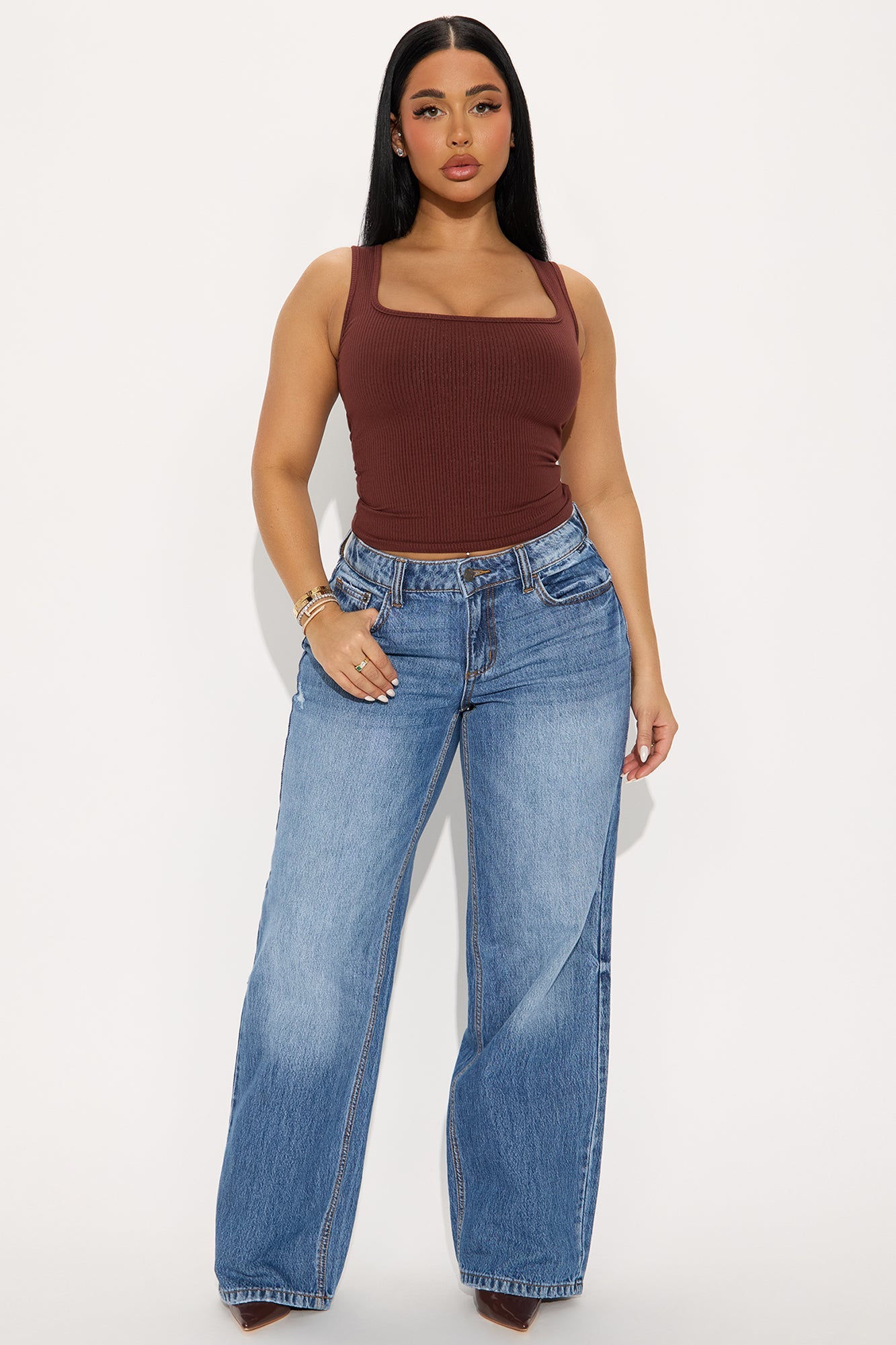 Mila Square Neck Snatched Tank Top - Brown