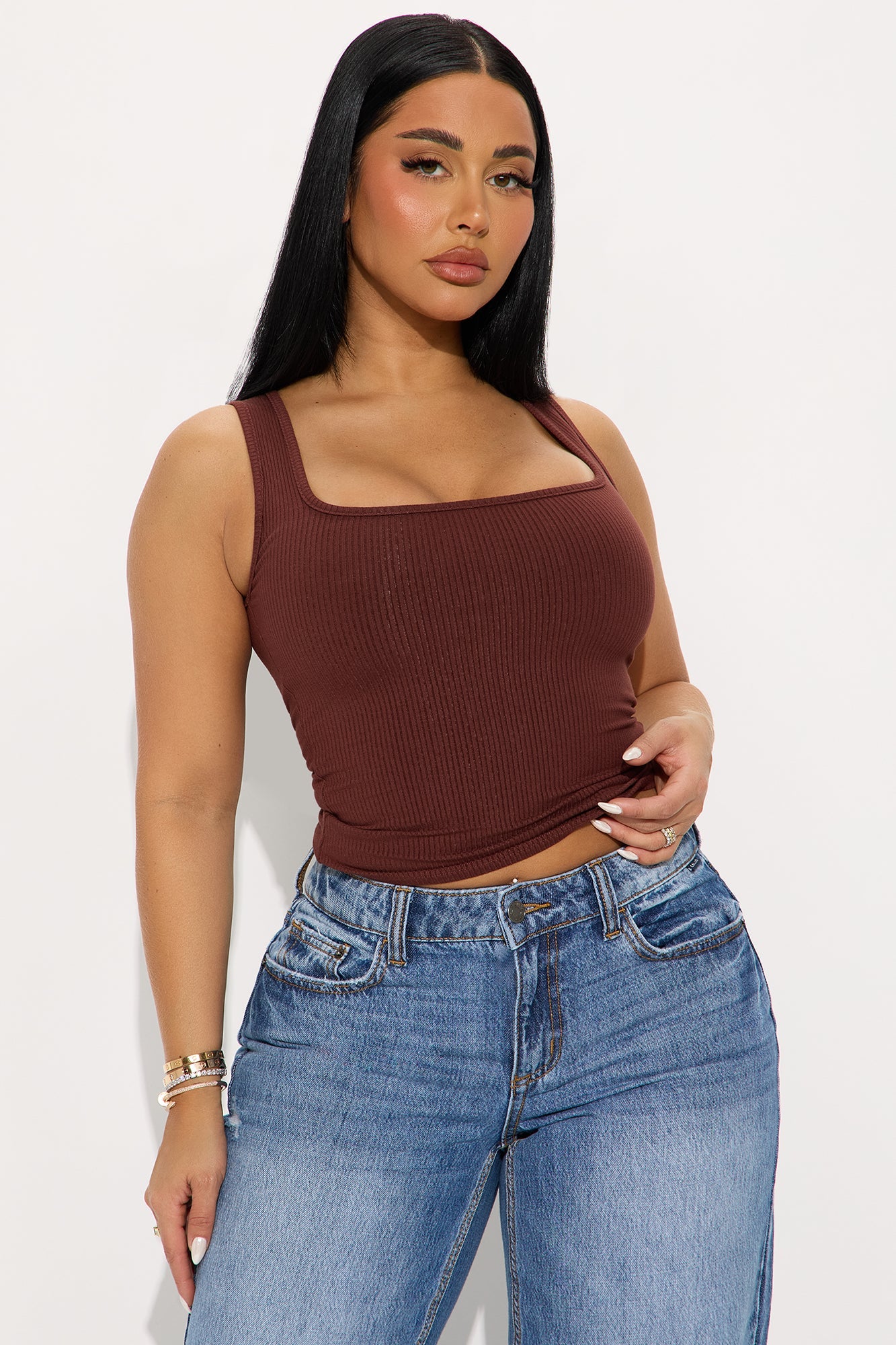 Mila Square Neck Snatched Tank Top - Brown