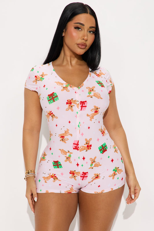 Santa's Reindeer PJ Romper Onesie - Pink