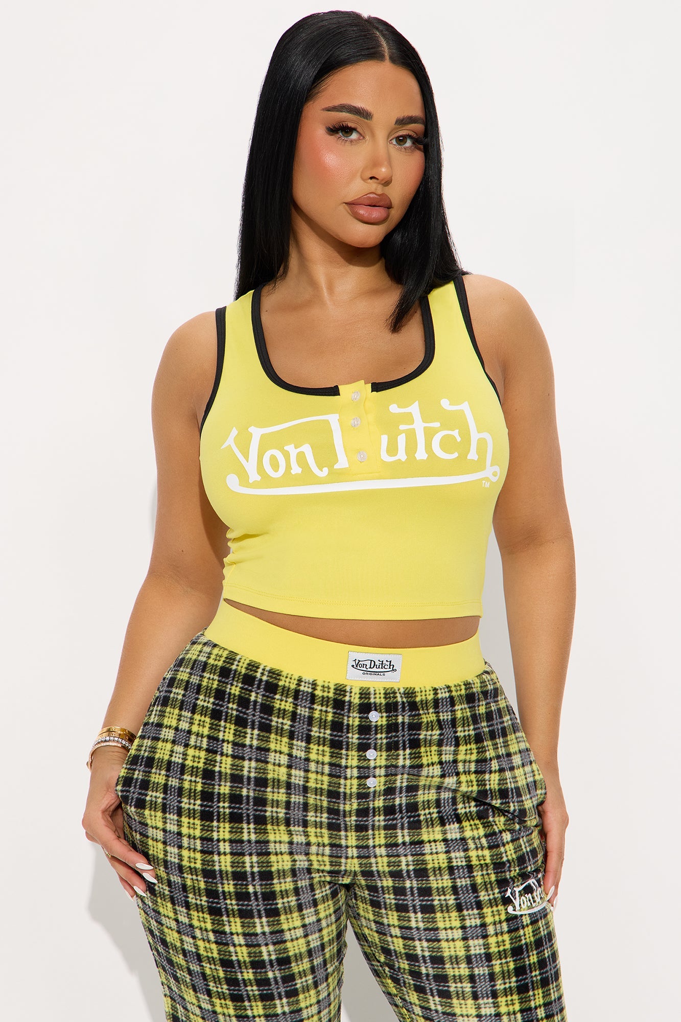 Von Dutch Tank PJ Fleece Boxer Pant Set - Black/Yellow