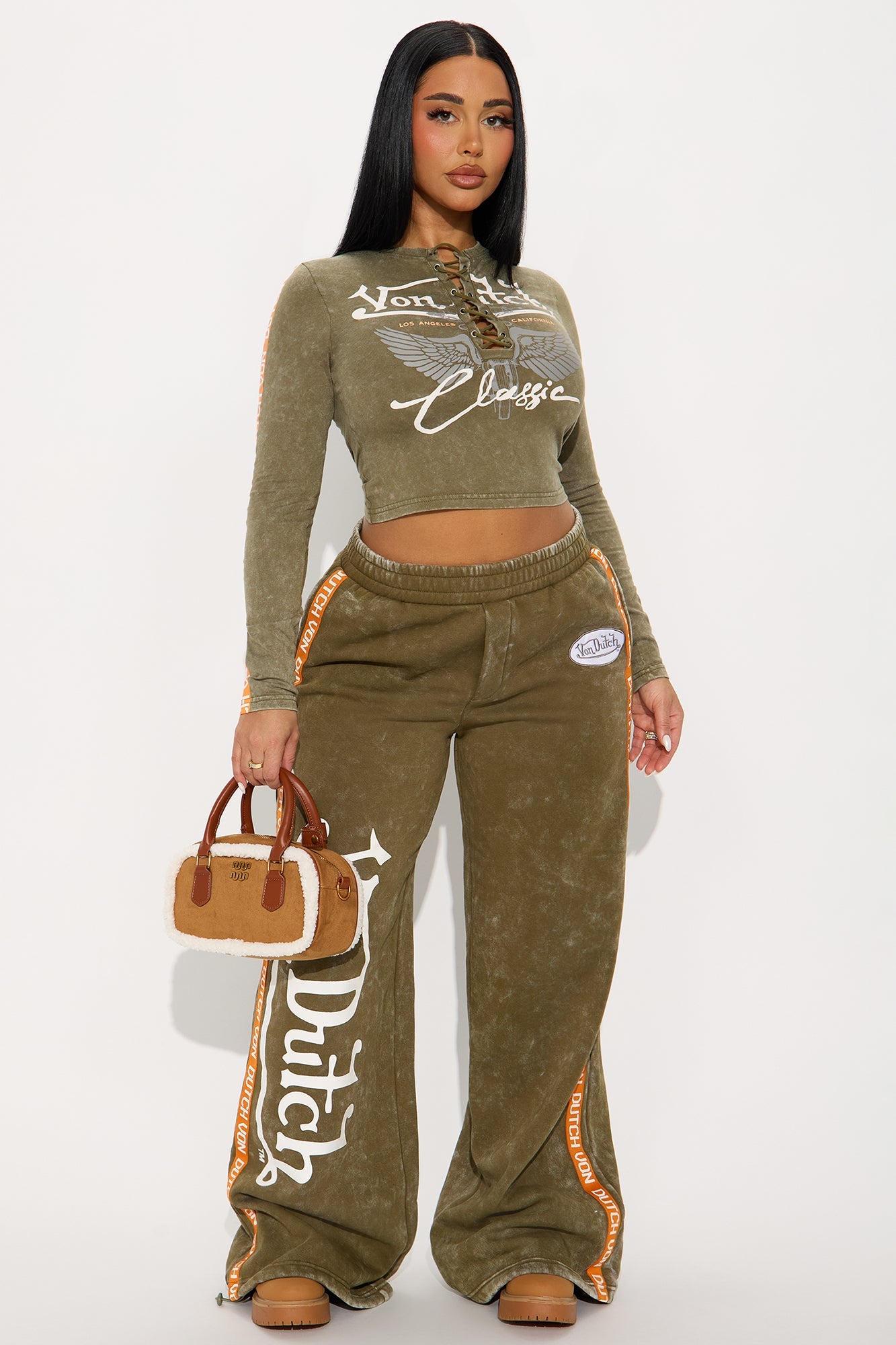 Von Dutch Washed Lace Up Top - Olive