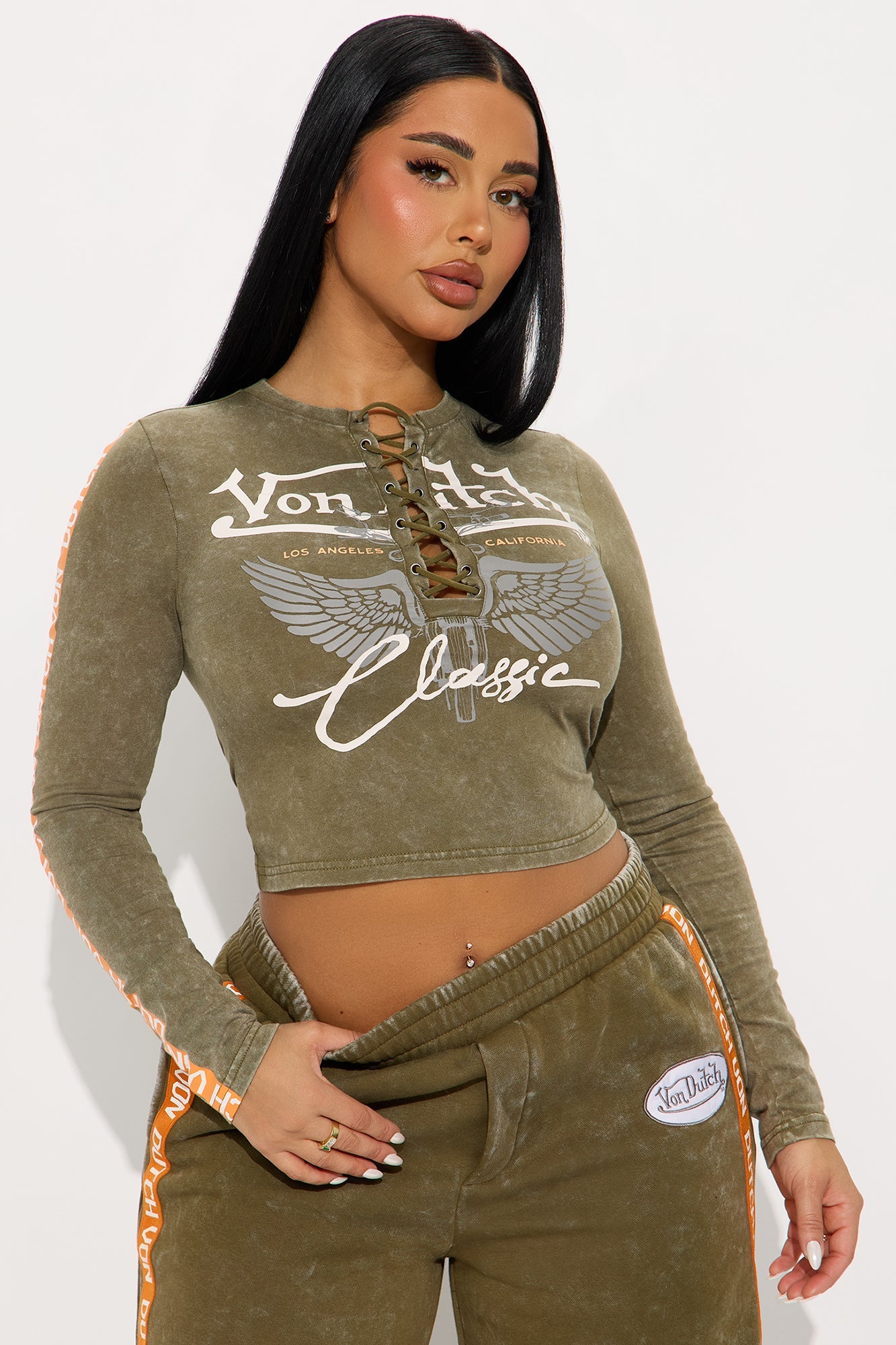 Von Dutch Washed Lace Up Top - Olive
