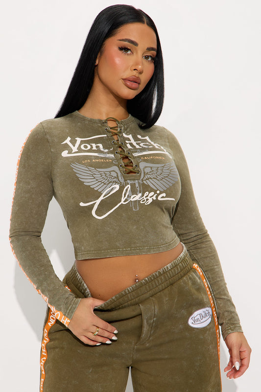 Von Dutch Washed Lace Up Top - Olive