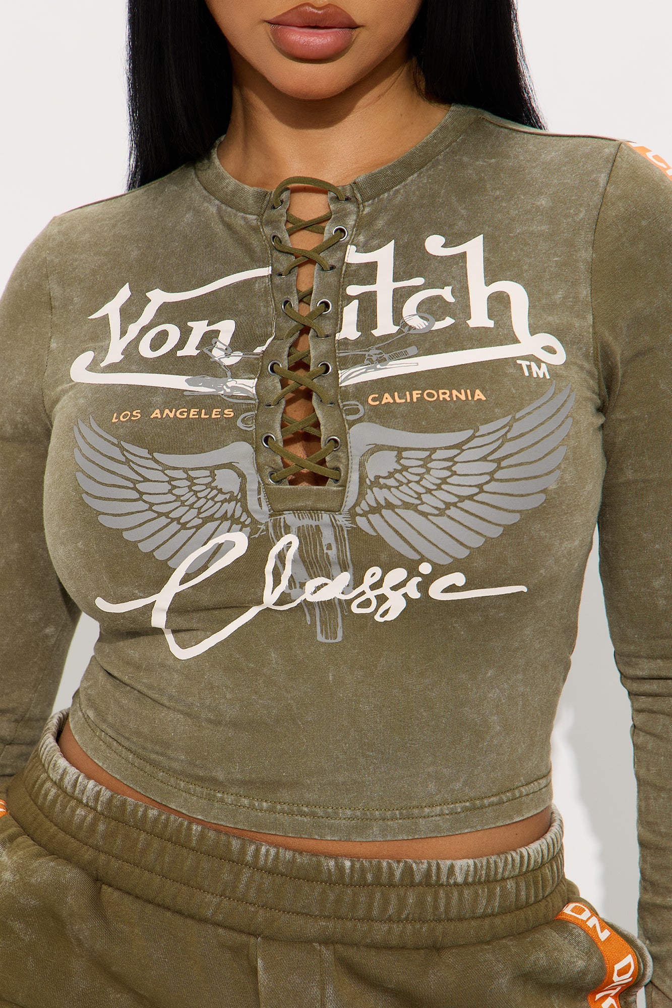 Von Dutch Washed Lace Up Top - Olive