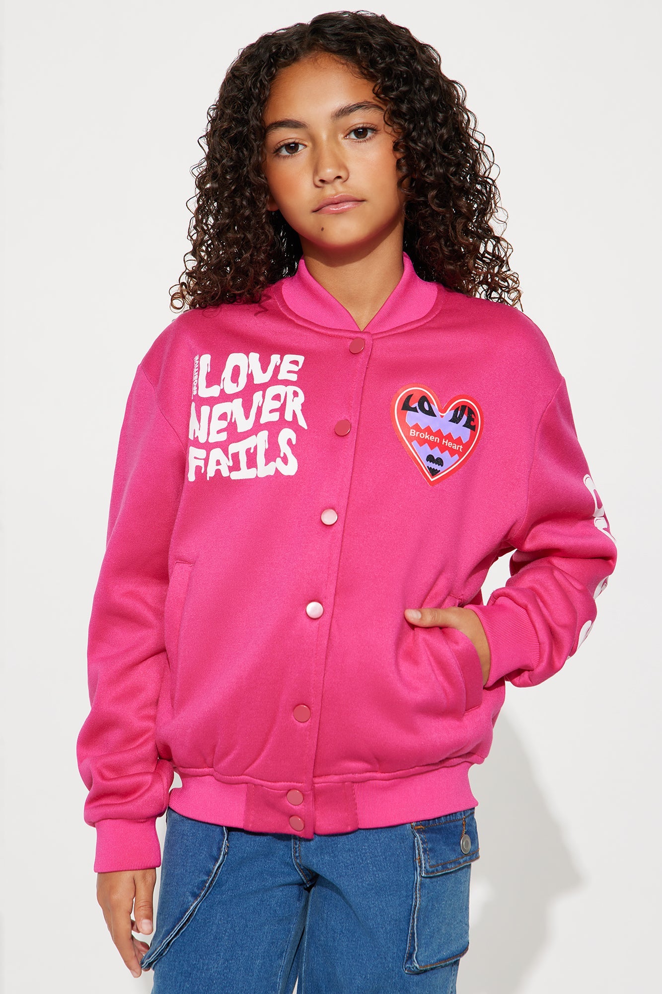 Mini Love Never Fails Bomber Jacket - Hot Pink