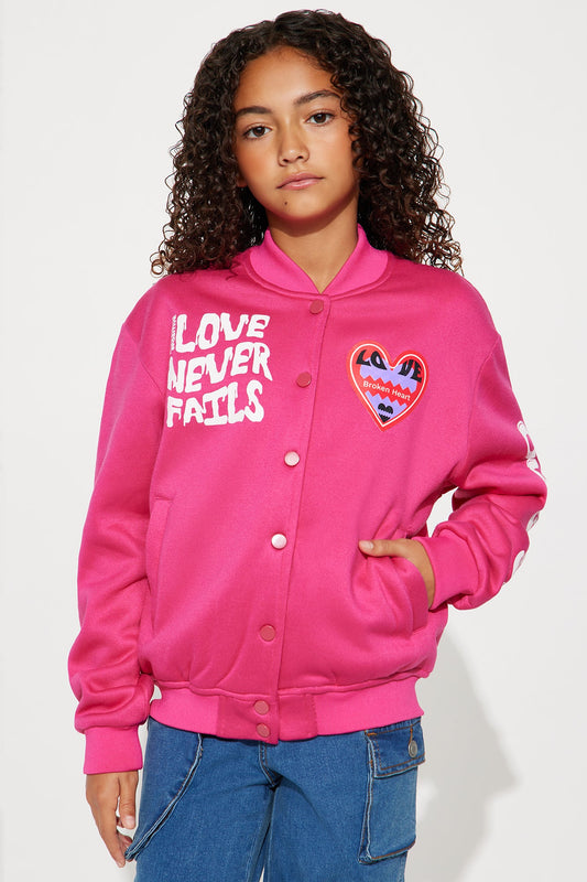 Mini Love Never Fails Bomber Jacket - Hot Pink