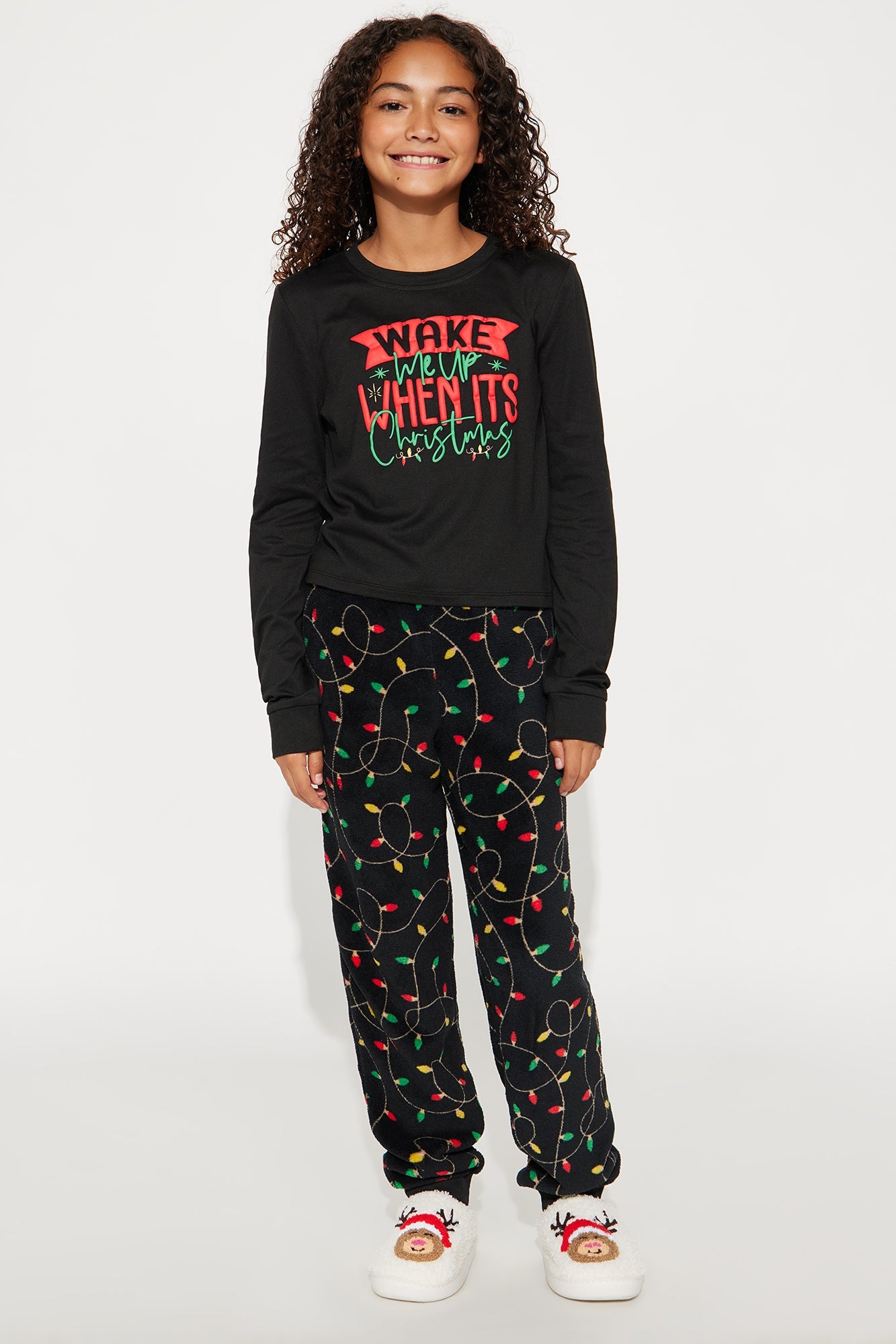 Mini Wake Me Up On Christmas Matching Family Long Sleeve Plush Jogger Set - Black/combo