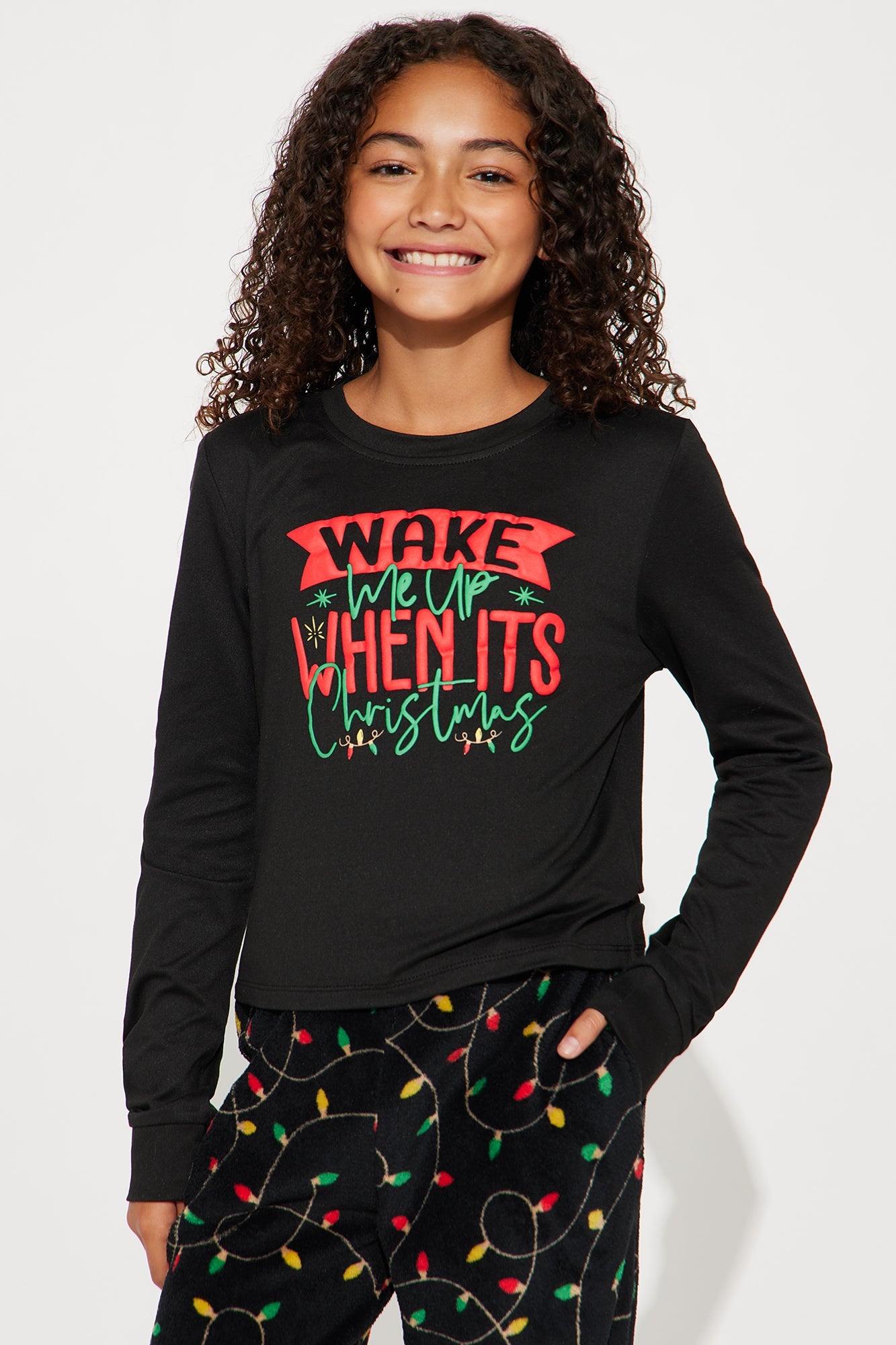 Mini Wake Me Up On Christmas Matching Family Long Sleeve Plush Jogger Set - Black/combo