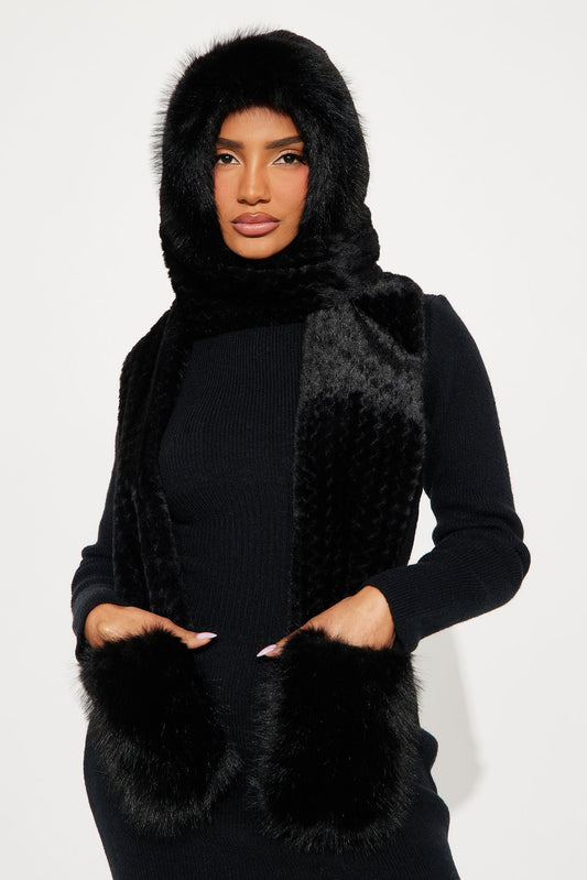 Bundle Me Up Faux Fur Hood Scarf - Black